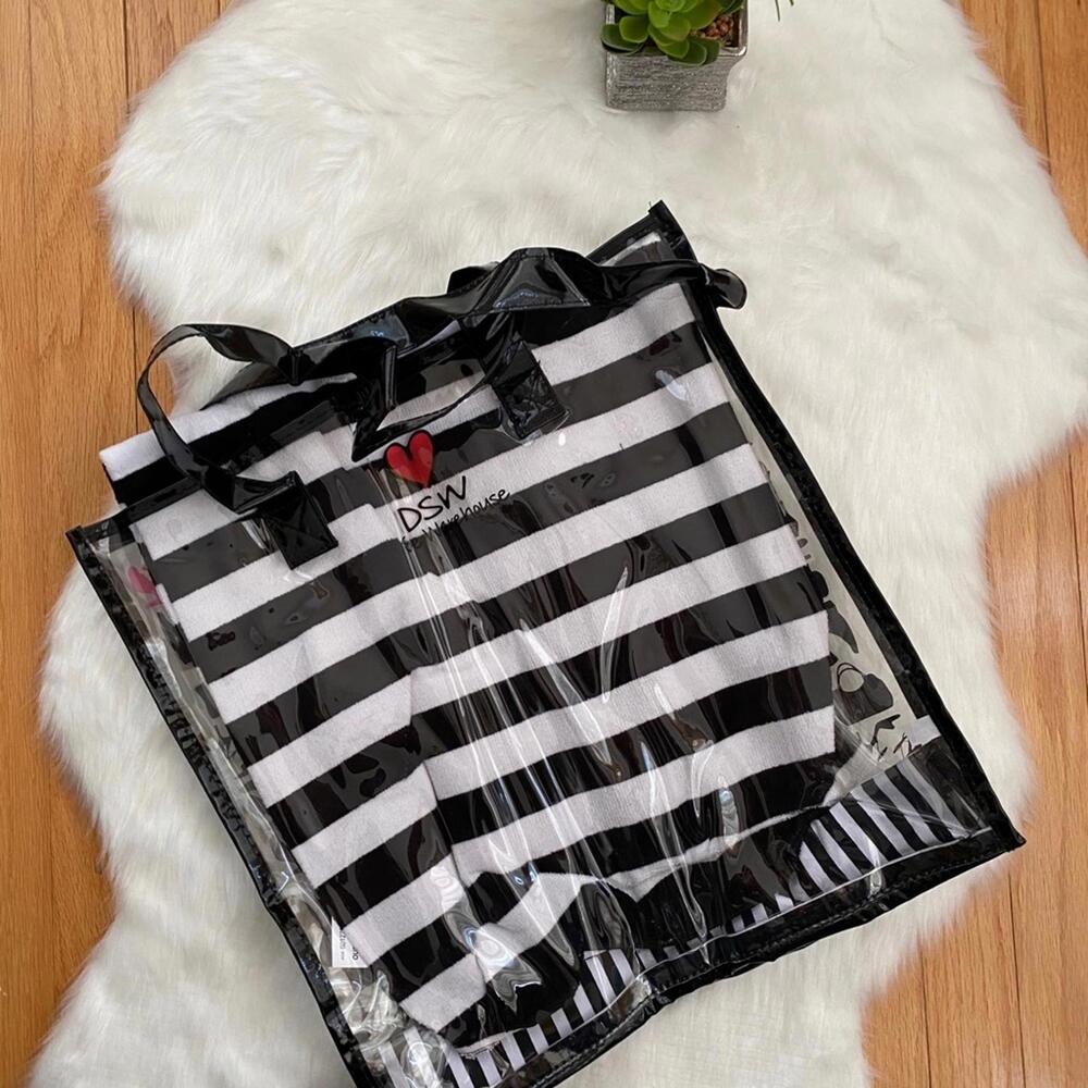 DSW Black and White Striped Clear Tote Bag With Towel
